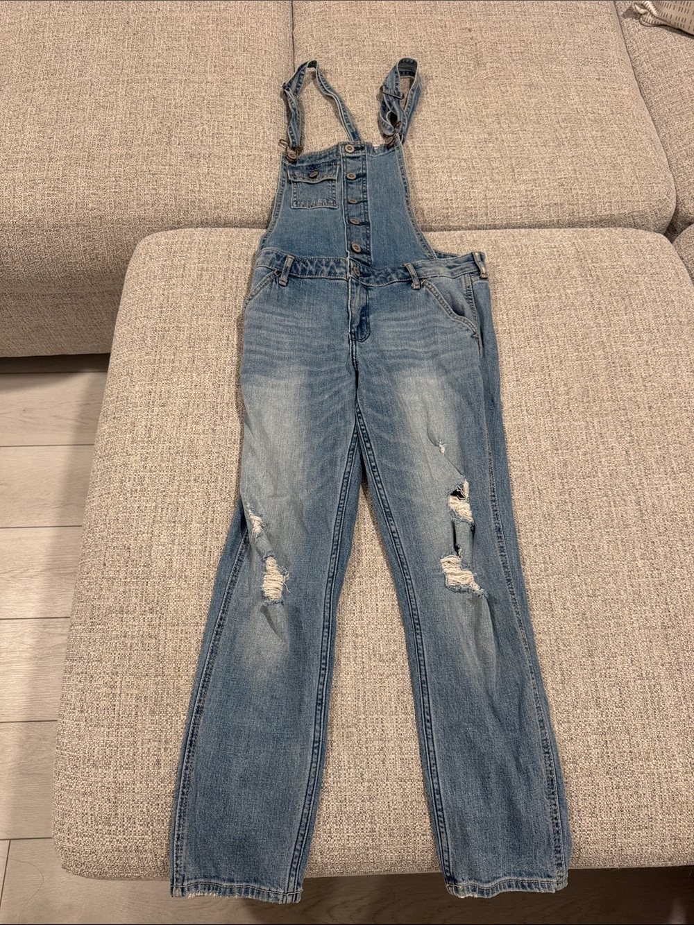 Distressed Blue Denim Overalls - Women
